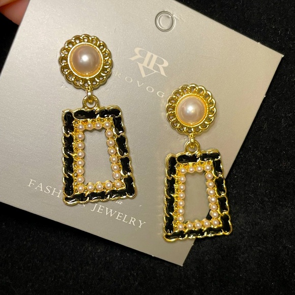 Luxury Style Faux Pearl and Enamel Gold and Black Drop Earrings - Picture 1 of 5